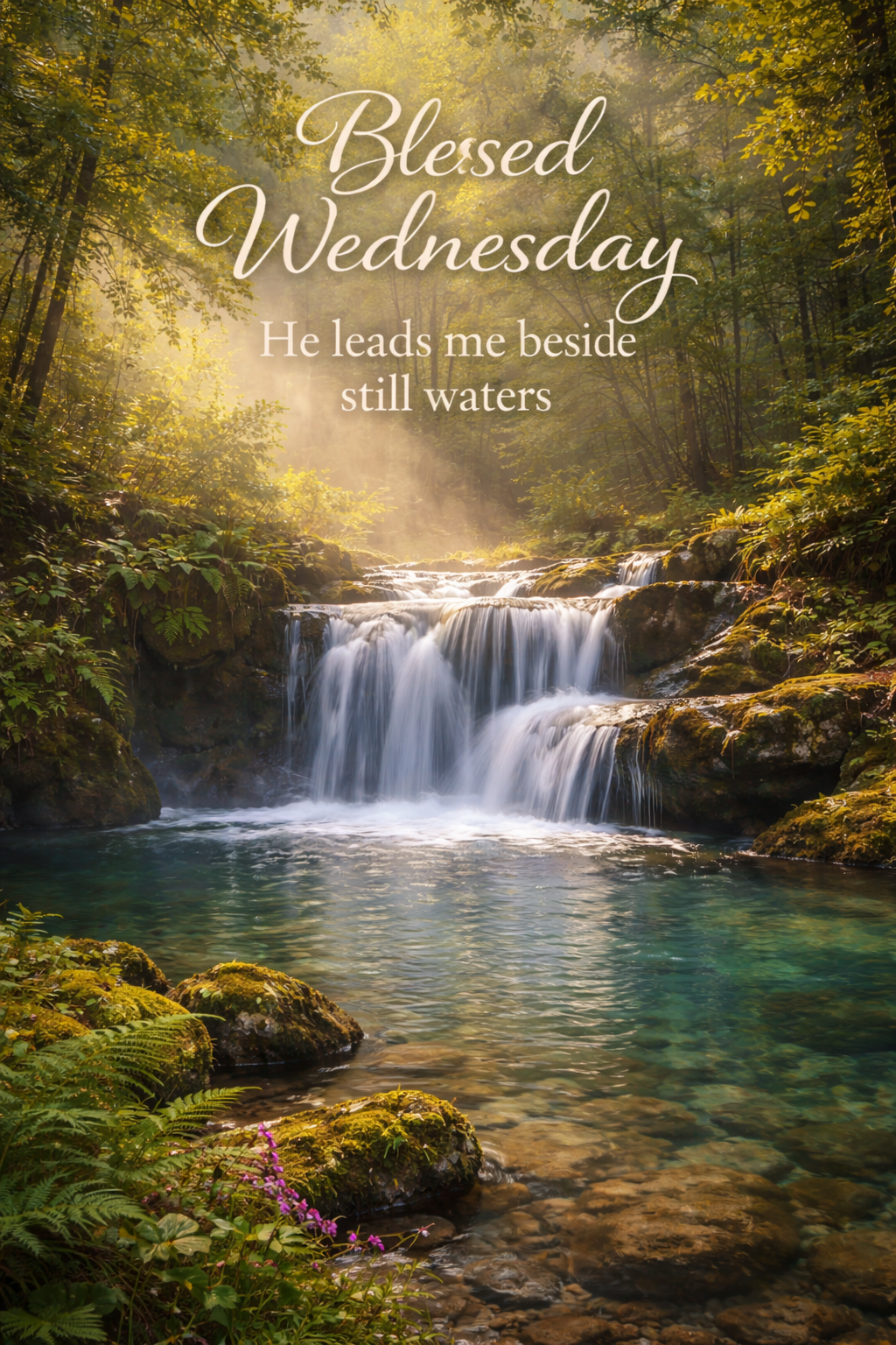 Peaceful waterfall cascading into crystal-clear pool in lush green forest, sunlight filtering through trees, mossy rocks, text "Blessed Wednesday -- He leads me beside still waters" -- vertical Wednesday blessing wallpaper
